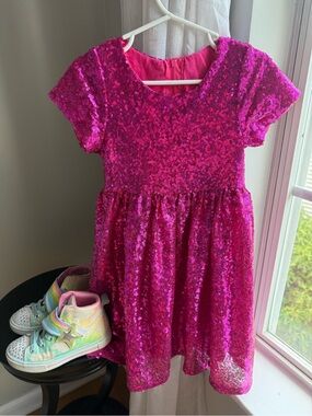 Girls Hot Pink Sequin Party Dress & Twinkle toes high tops